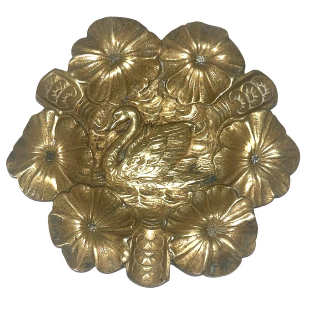 Vintage Brass Swan Ashtray Made in Belgium Flower Trinket Dish Catchall Tray